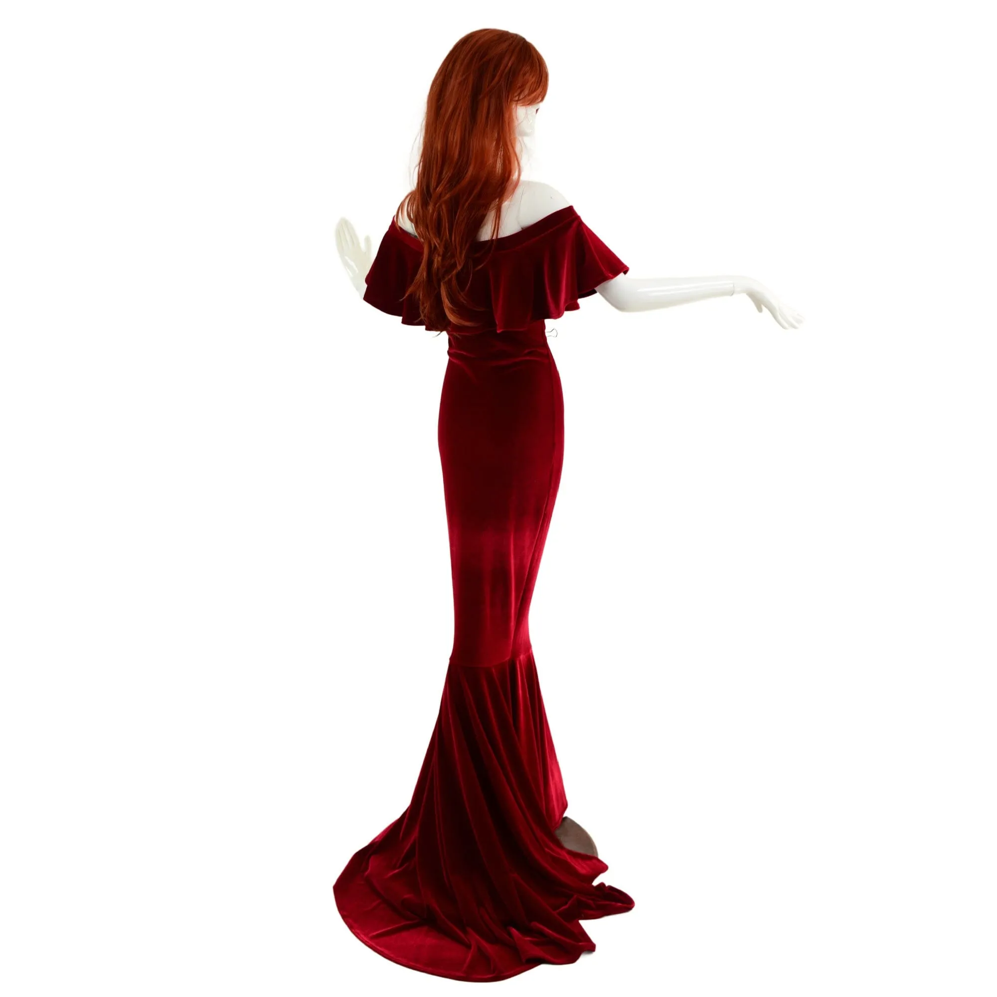 Red Velvet Off Shoulder Puddle Train Gown