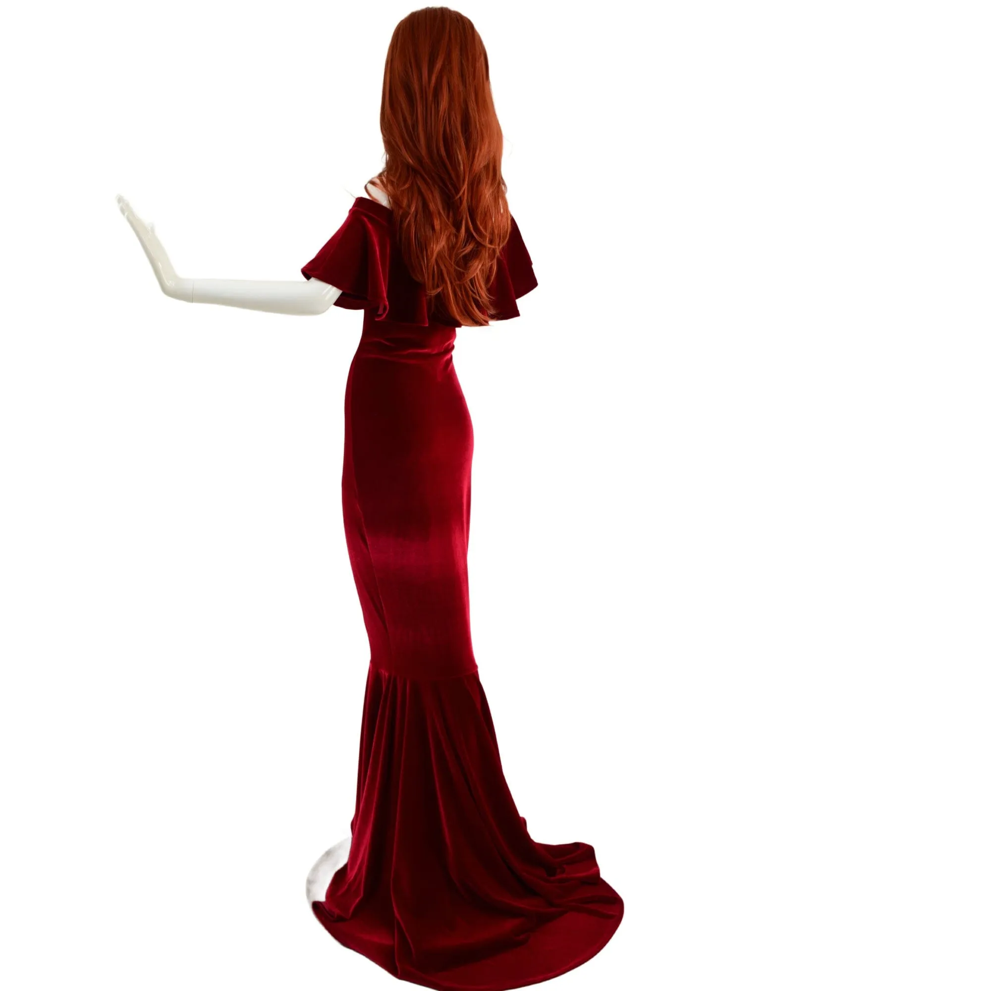 Red Velvet Off Shoulder Puddle Train Gown