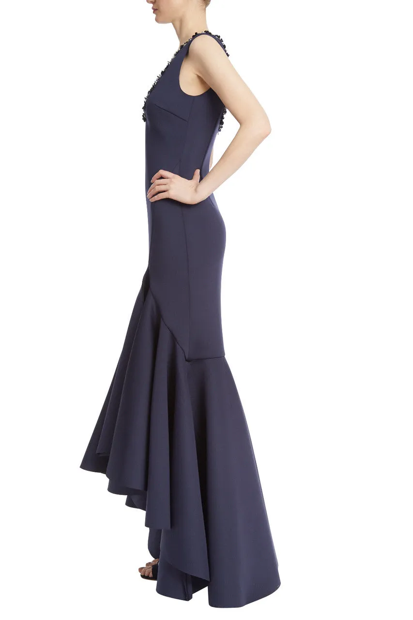 Ruffled Trumpet Evening Gown with Beaded Neckline - Navy