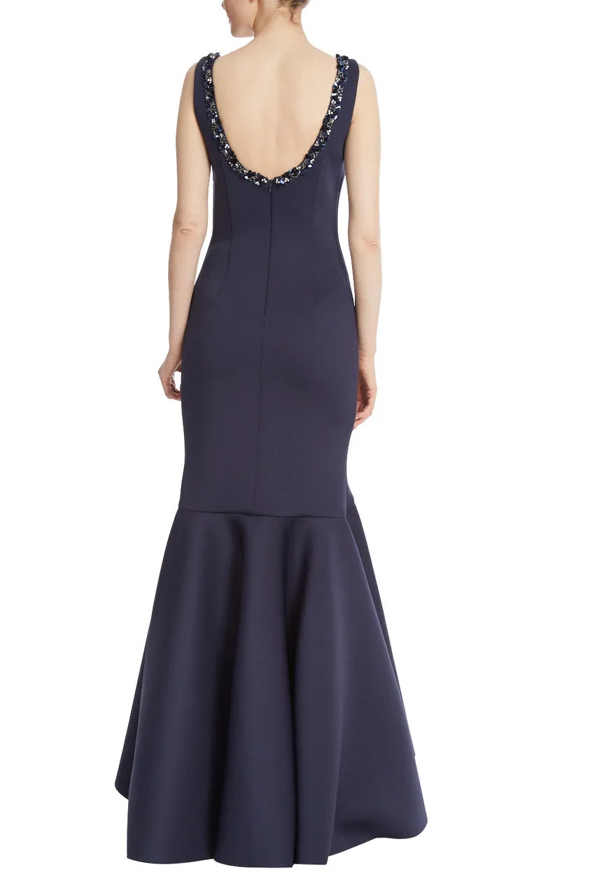 Ruffled Trumpet Evening Gown with Beaded Neckline - Navy