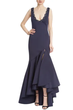 Ruffled Trumpet Evening Gown with Beaded Neckline - Navy