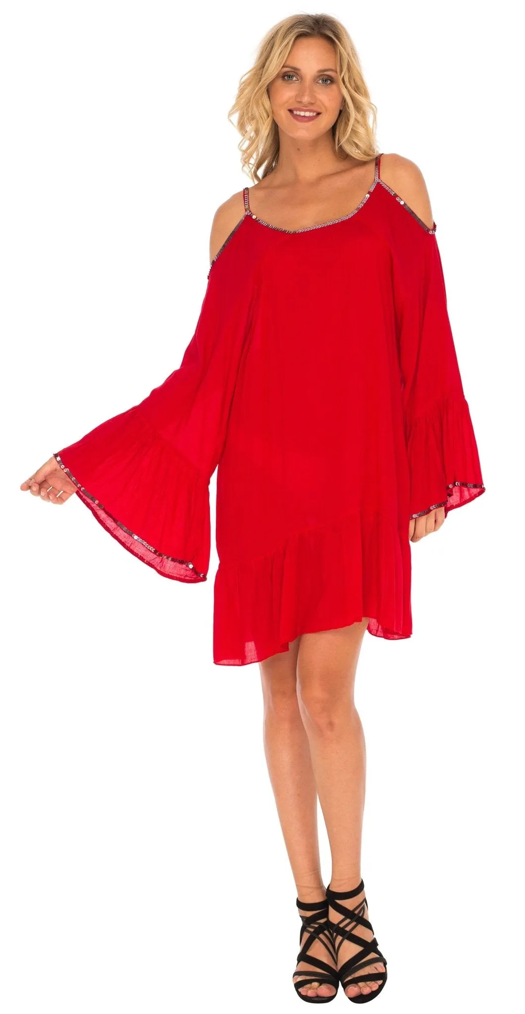 SHU-SHI Women's Cold Shoulder Tunic Shift Swing Dress with Gold Bead Neckline and Bell Sleeves Kaftan