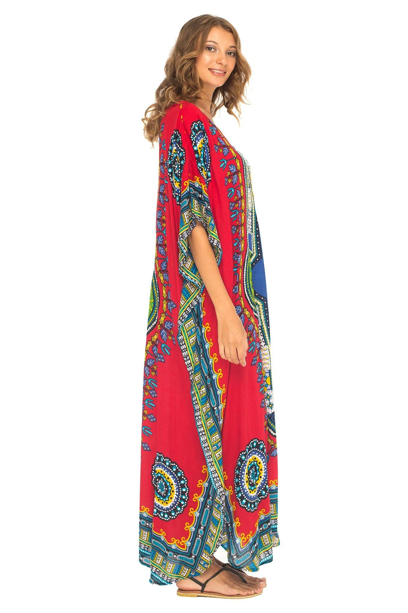 SHU-SHI Women's Ethnic V-Neck Kaftan Maxi Dress - Long Loose Casual Dashiki Beach Cover-Up with Sequins