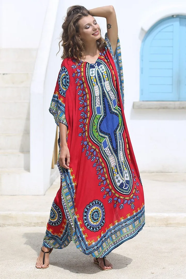 SHU-SHI Women's Ethnic V-Neck Kaftan Maxi Dress - Long Loose Casual Dashiki Beach Cover-Up with Sequins