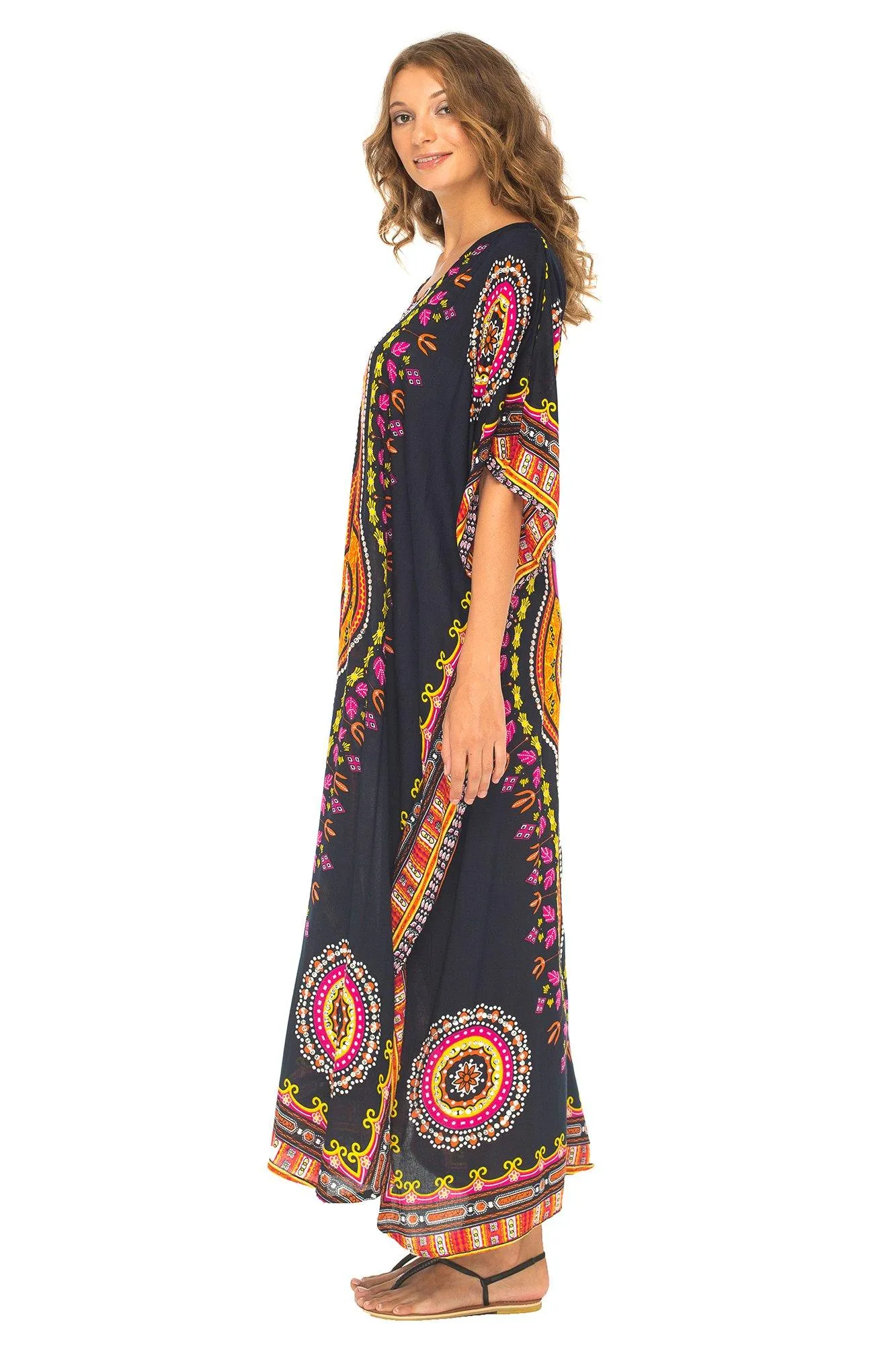 SHU-SHI Women's Ethnic V-Neck Kaftan Maxi Dress - Long Loose Casual Dashiki Beach Cover-Up with Sequins