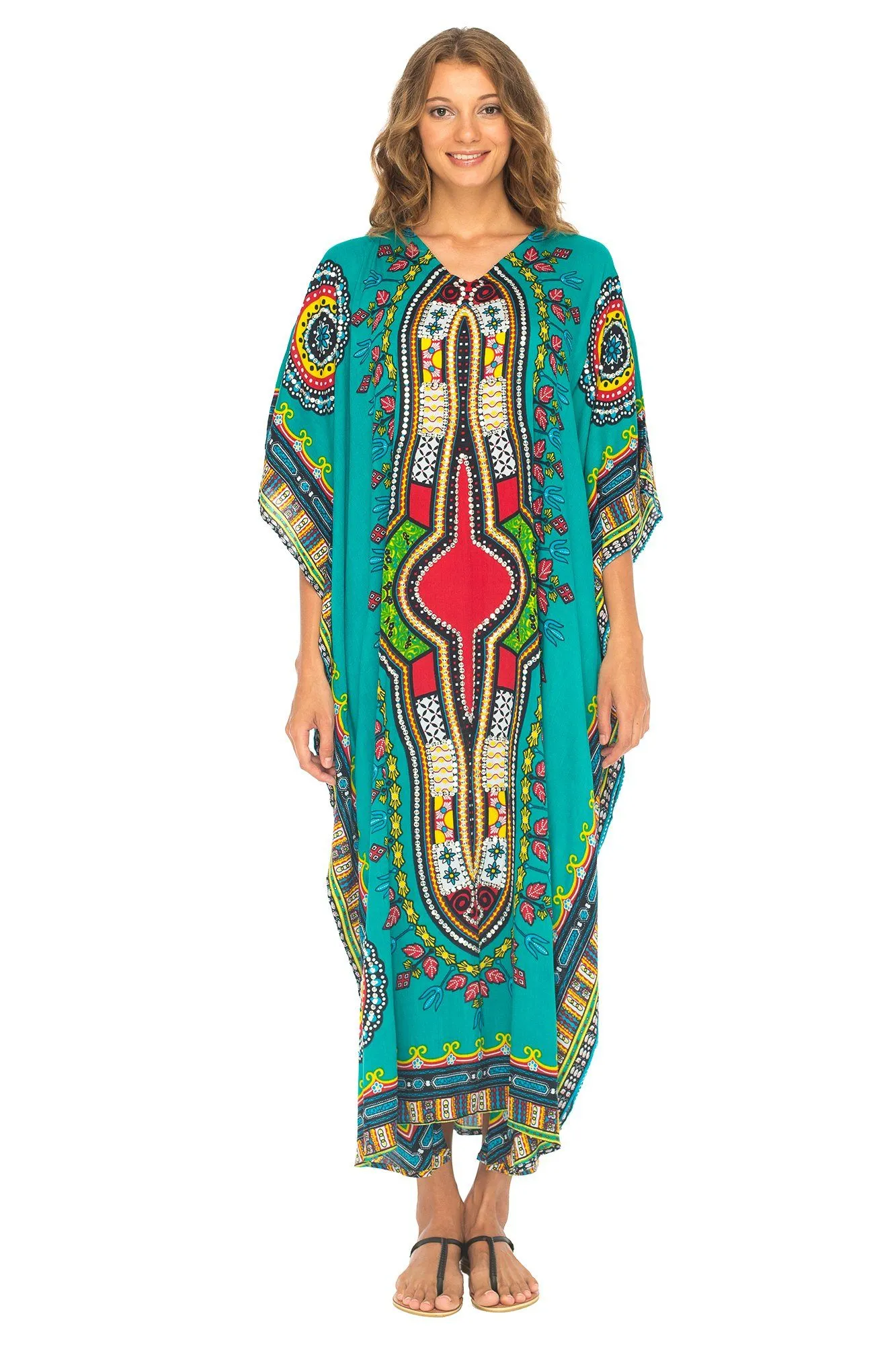 SHU-SHI Women's Ethnic V-Neck Kaftan Maxi Dress - Long Loose Casual Dashiki Beach Cover-Up with Sequins