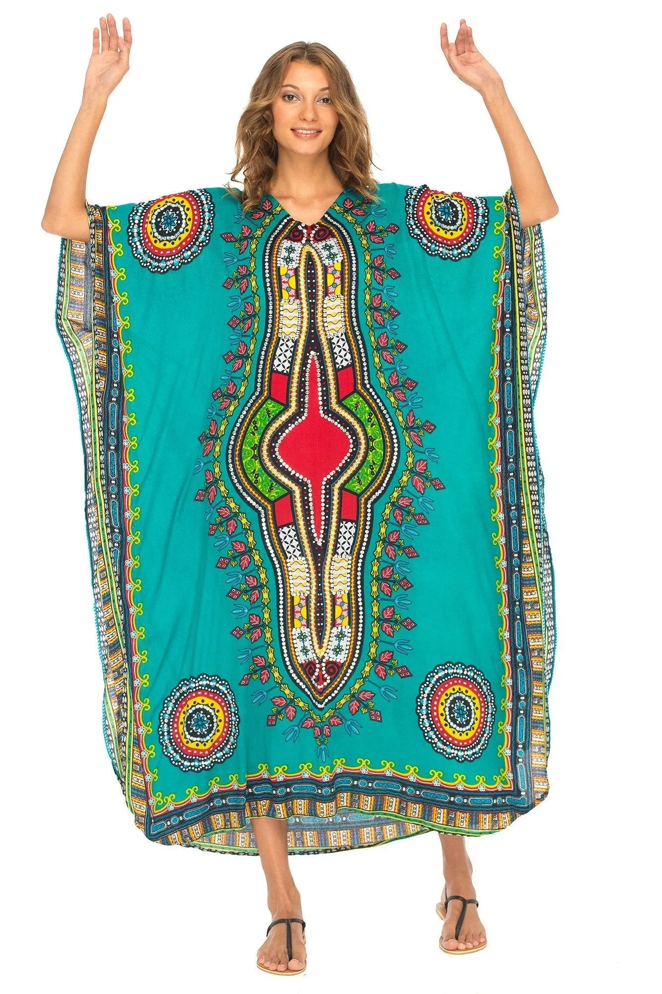 SHU-SHI Women's Ethnic V-Neck Kaftan Maxi Dress - Long Loose Casual Dashiki Beach Cover-Up with Sequins