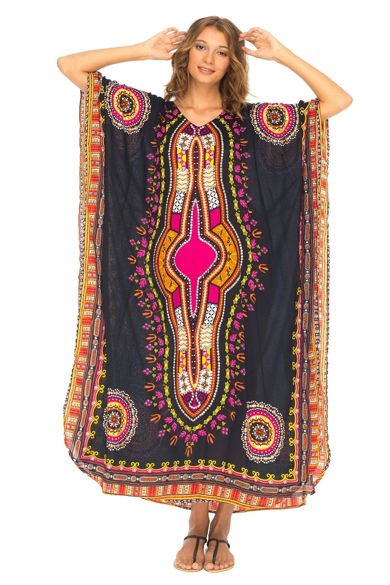 SHU-SHI Women's Ethnic V-Neck Kaftan Maxi Dress - Long Loose Casual Dashiki Beach Cover-Up with Sequins