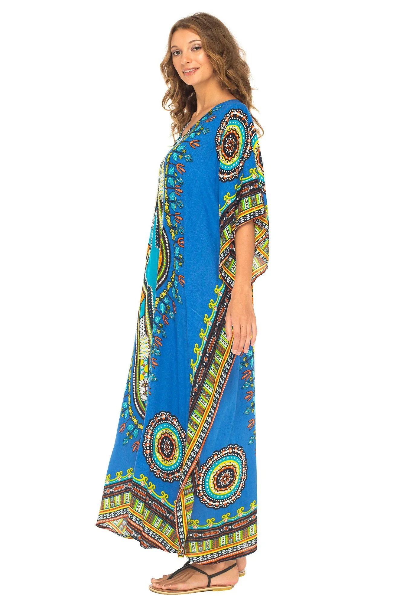 SHU-SHI Women's Ethnic V-Neck Kaftan Maxi Dress - Long Loose Casual Dashiki Beach Cover-Up with Sequins