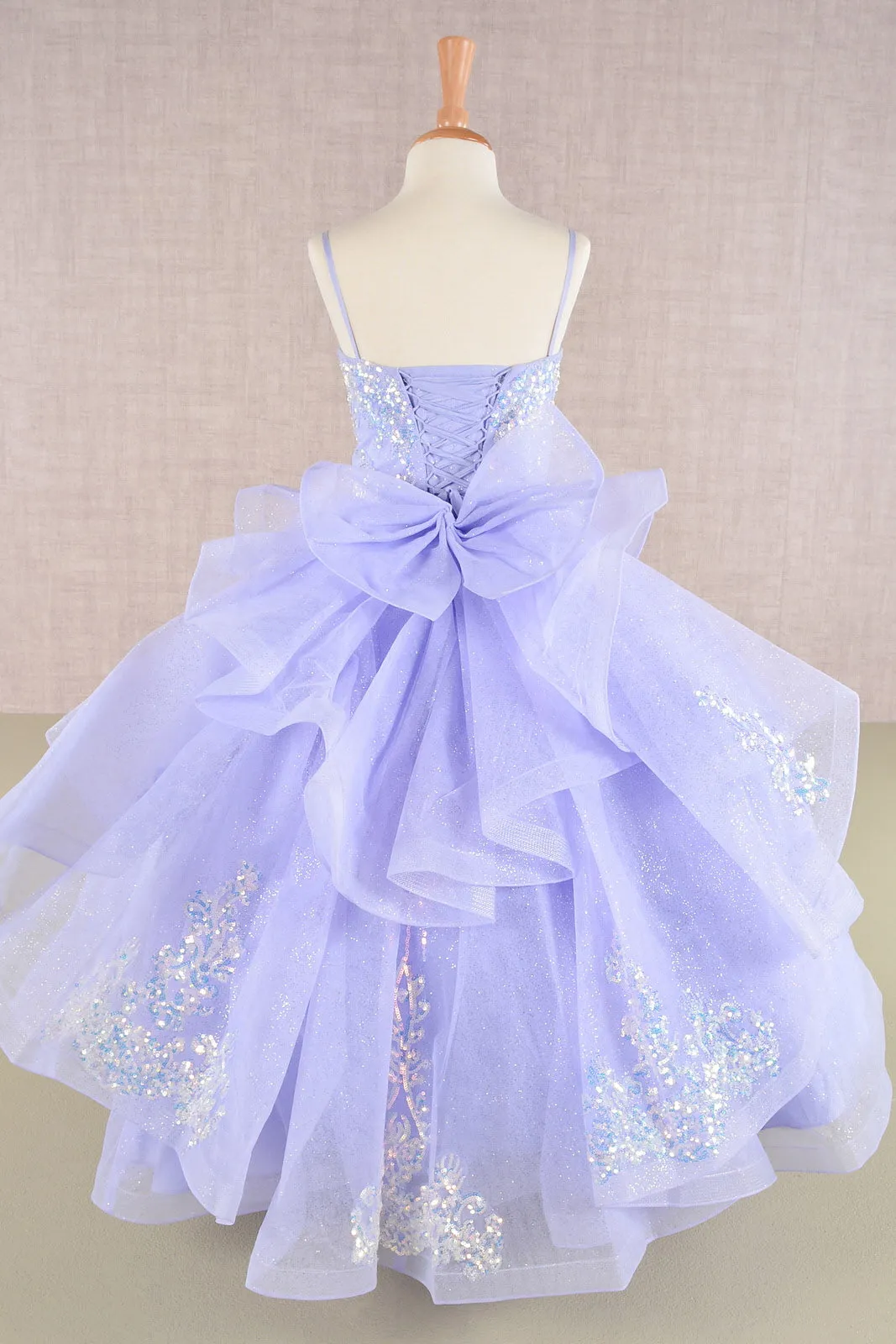 Spaghetti Strap Sequin Mesh Kids Dress with a Detachable Ribbon and Ruffled Back Skirt GLGK106