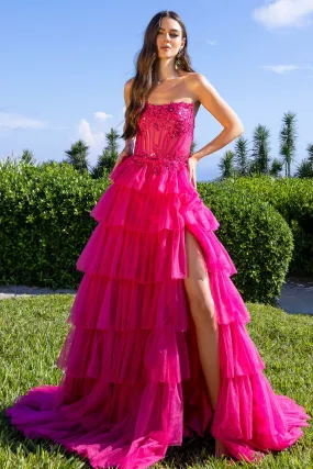 Strapless Ruffled Maxi Gown w/ Leg Slit & Dazzling Sequins Lace Embroidery AC9053