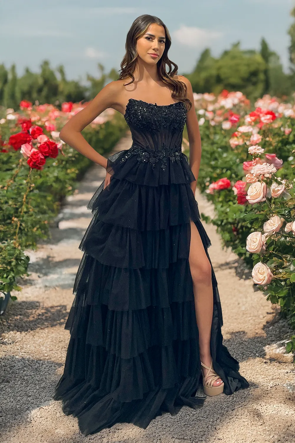 Strapless Ruffled Maxi Gown w/ Leg Slit & Dazzling Sequins Lace Embroidery AC9053