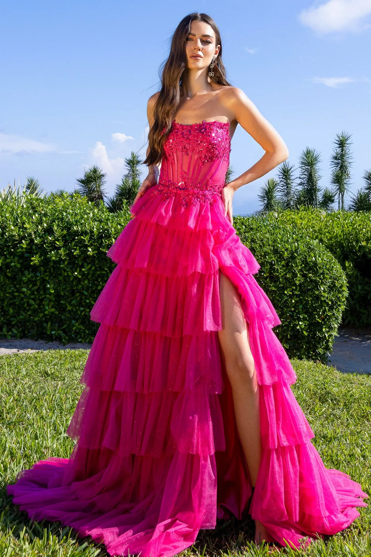 Strapless Ruffled Maxi Gown w/ Leg Slit & Dazzling Sequins Lace Embroidery AC9053