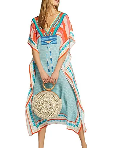 V Neck Beach Kaftan Short Sleeve Swimsuit Cover Up