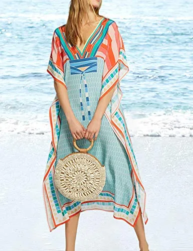 V Neck Beach Kaftan Short Sleeve Swimsuit Cover Up