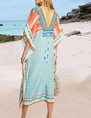 V Neck Beach Kaftan Short Sleeve Swimsuit Cover Up