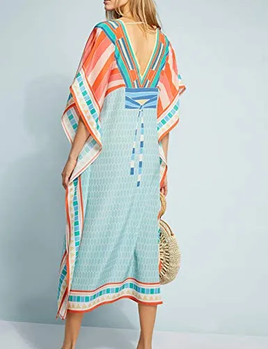 V Neck Beach Kaftan Short Sleeve Swimsuit Cover Up