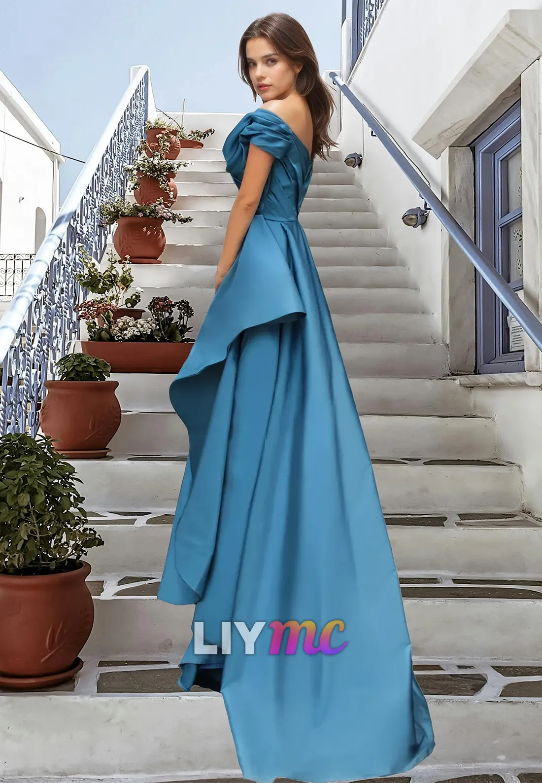 V-Neck Cap Sleeves Ruffled Pleated Side Slit Sheath Prom Dress