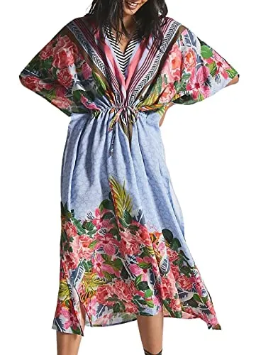 V-Neck Floral Beach Kaftan Dress: Swimsuit Cover Up