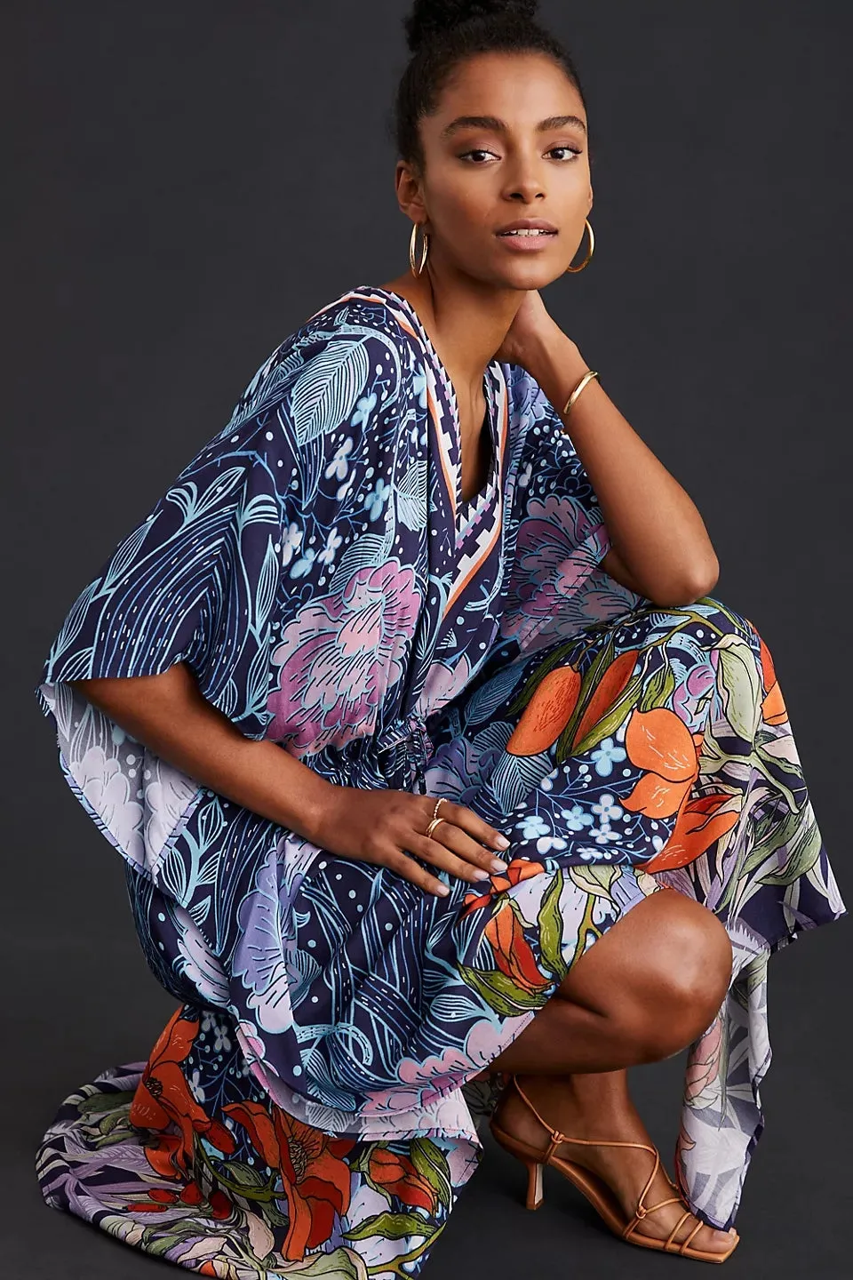 V-Neck Floral Beach Kaftan Dress: Swimsuit Cover Up