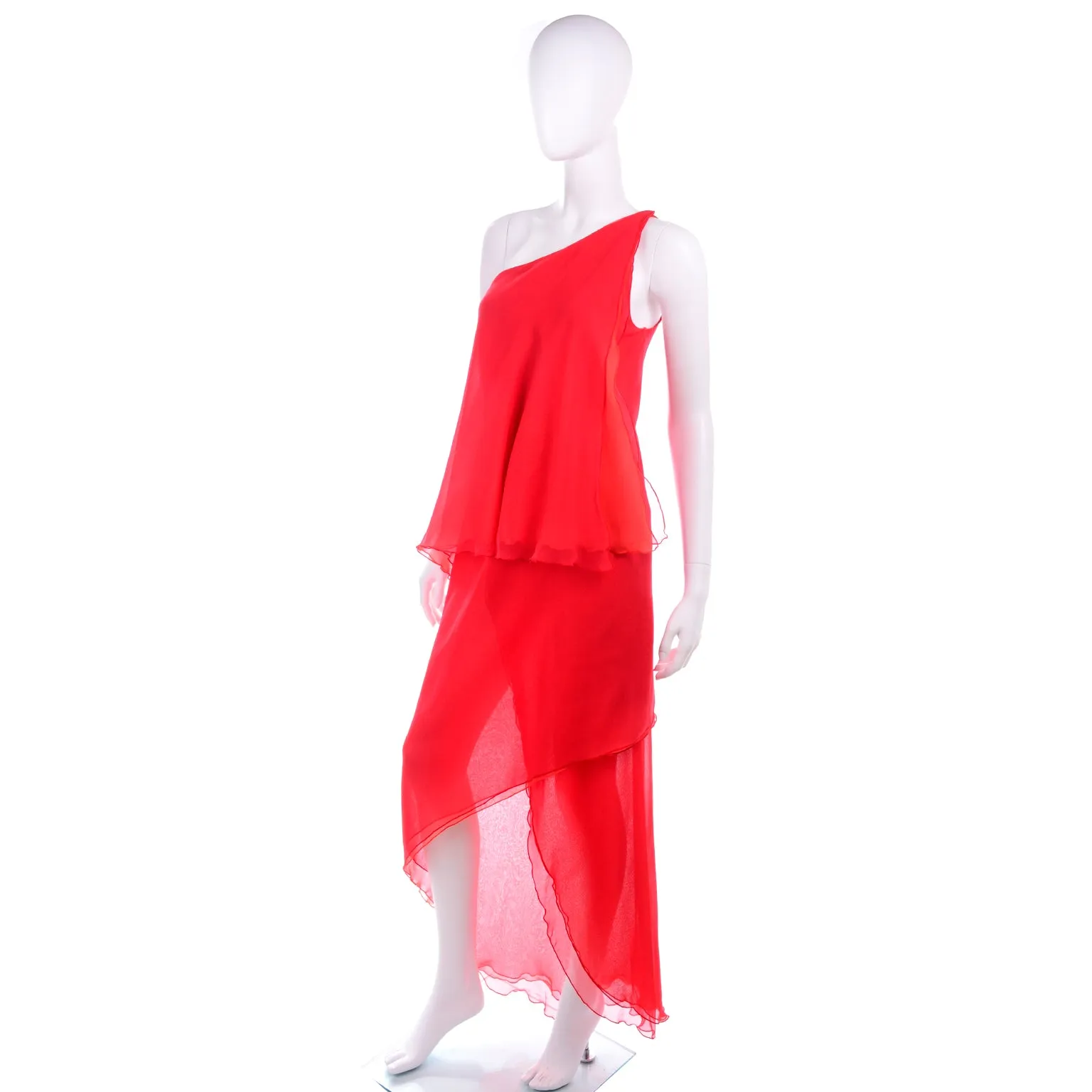 Victor Costa Vintage Red Chiffon Asymmetrical One Shoulder Evening Dress