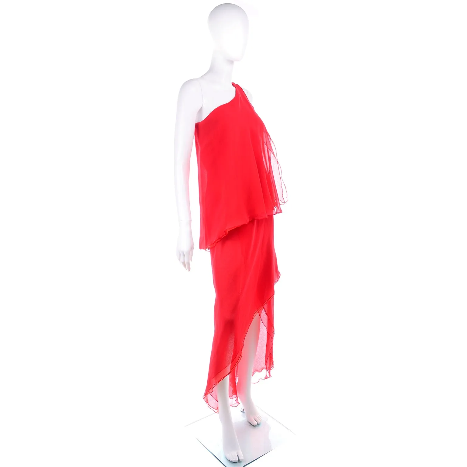 Victor Costa Vintage Red Chiffon Asymmetrical One Shoulder Evening Dress