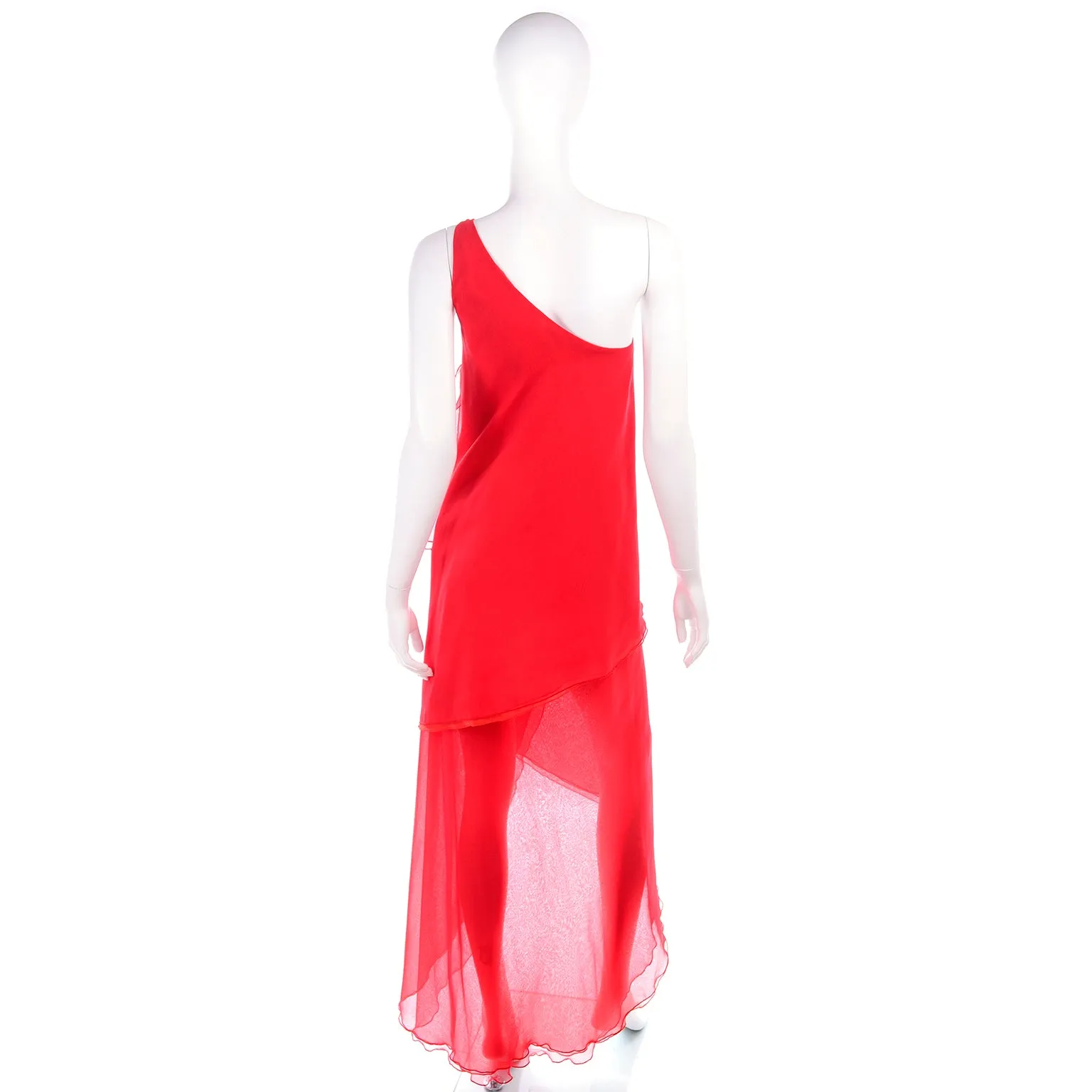 Victor Costa Vintage Red Chiffon Asymmetrical One Shoulder Evening Dress